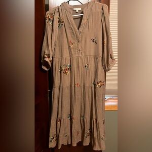 Fig and Flower Embroidered Brown Dress